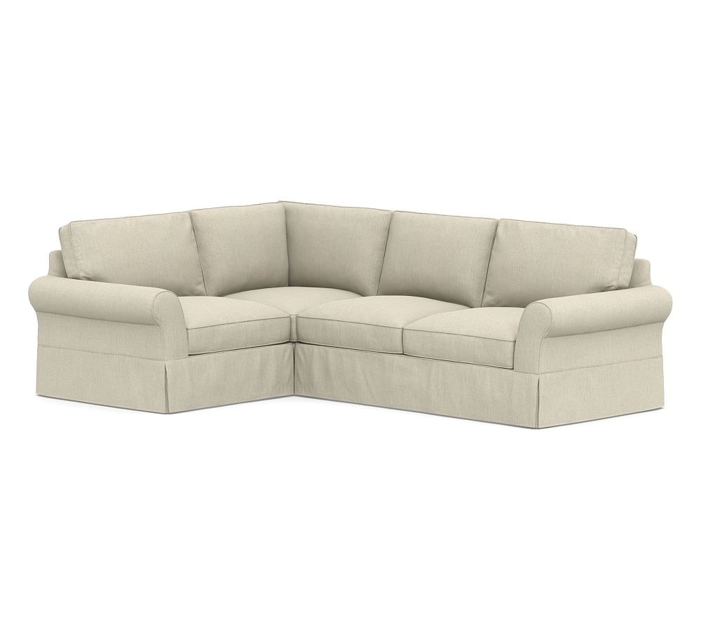PB Comfort Roll Arm Slipcovered Right Arm 3-Piece Corner Sectional, Box Edge, Down Blend Wrapped Cushions, Chenille Basketweave Oatmeal - Image 0