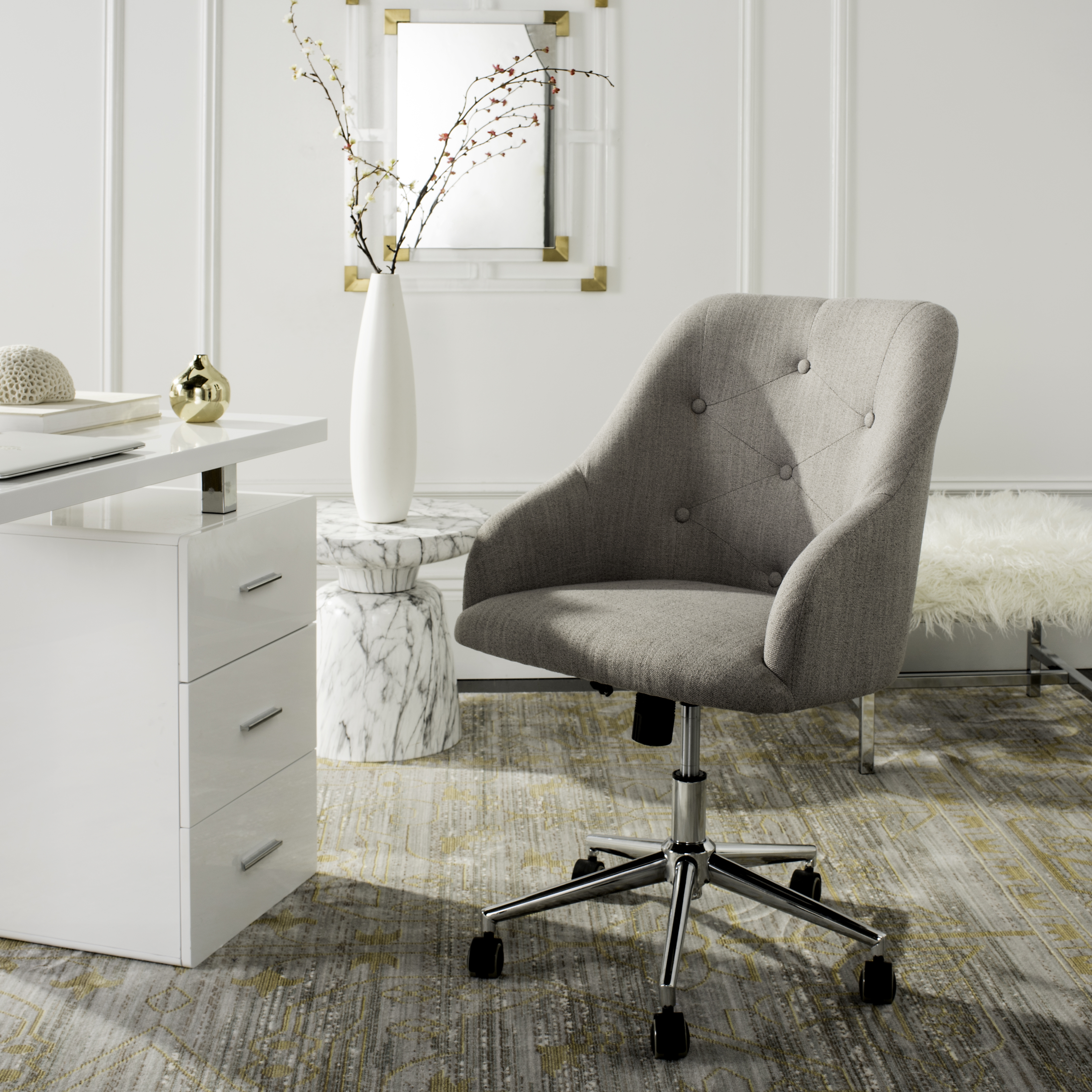 Evelynn Tufted Linen Chrome Leg Swivel Office Chair - Grey/Chrome - Safavieh - Image 6