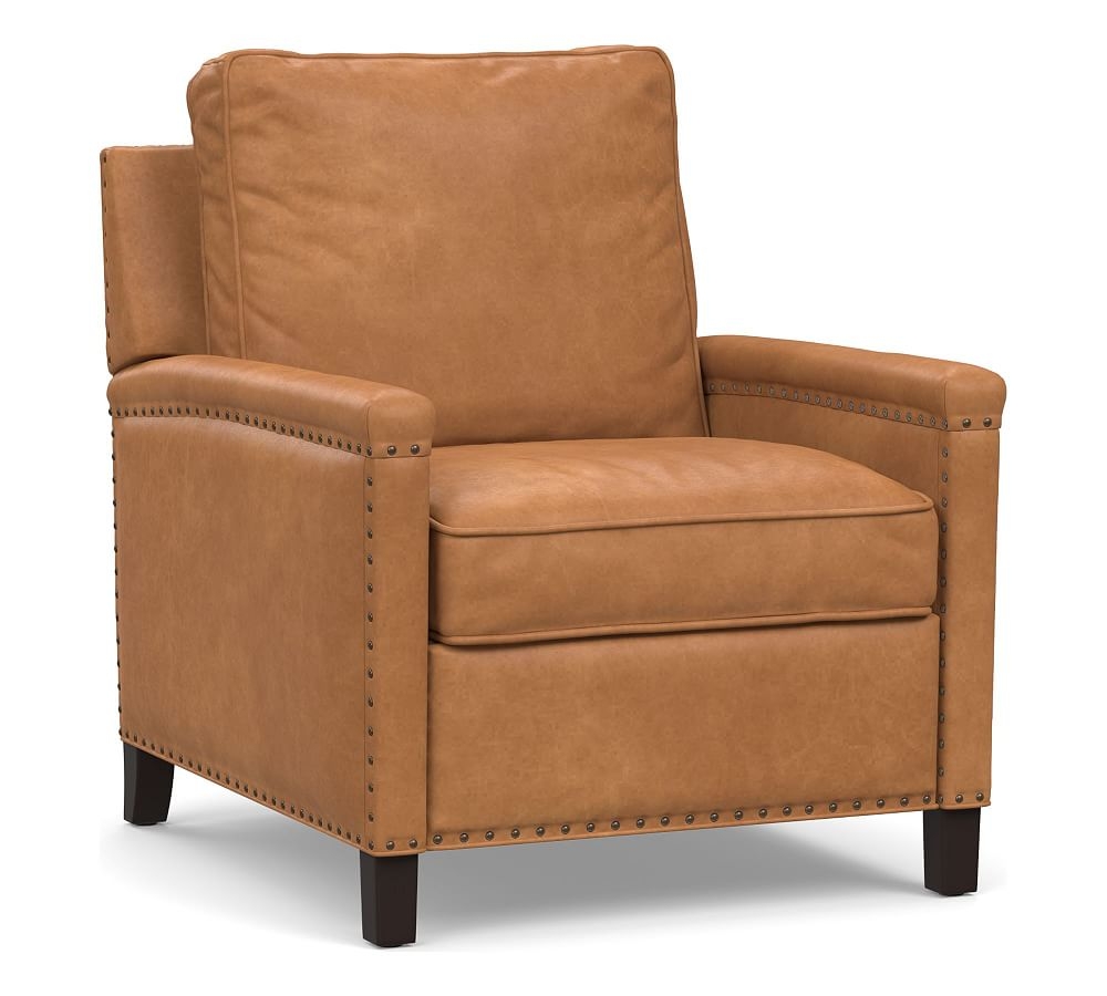 Tyler Square Arm Leather Power Recliner with Nailheads, Down Blend Wrapped Cushions Churchfield Camel - Image 0