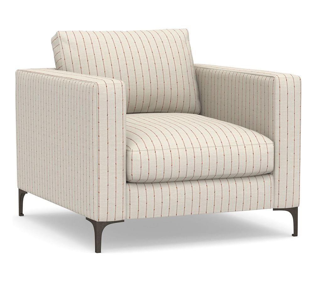 Jake Upholstered Armchair with Bronze Legs, Polyester Wrapped Cushions, Slubby Pinstripe Red - Image 0