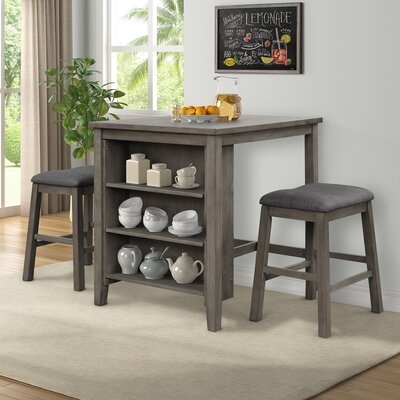 3 Piece Square Dining Table With Padded Stools Table Set With Storage Shelf Dark Gray - Image 0