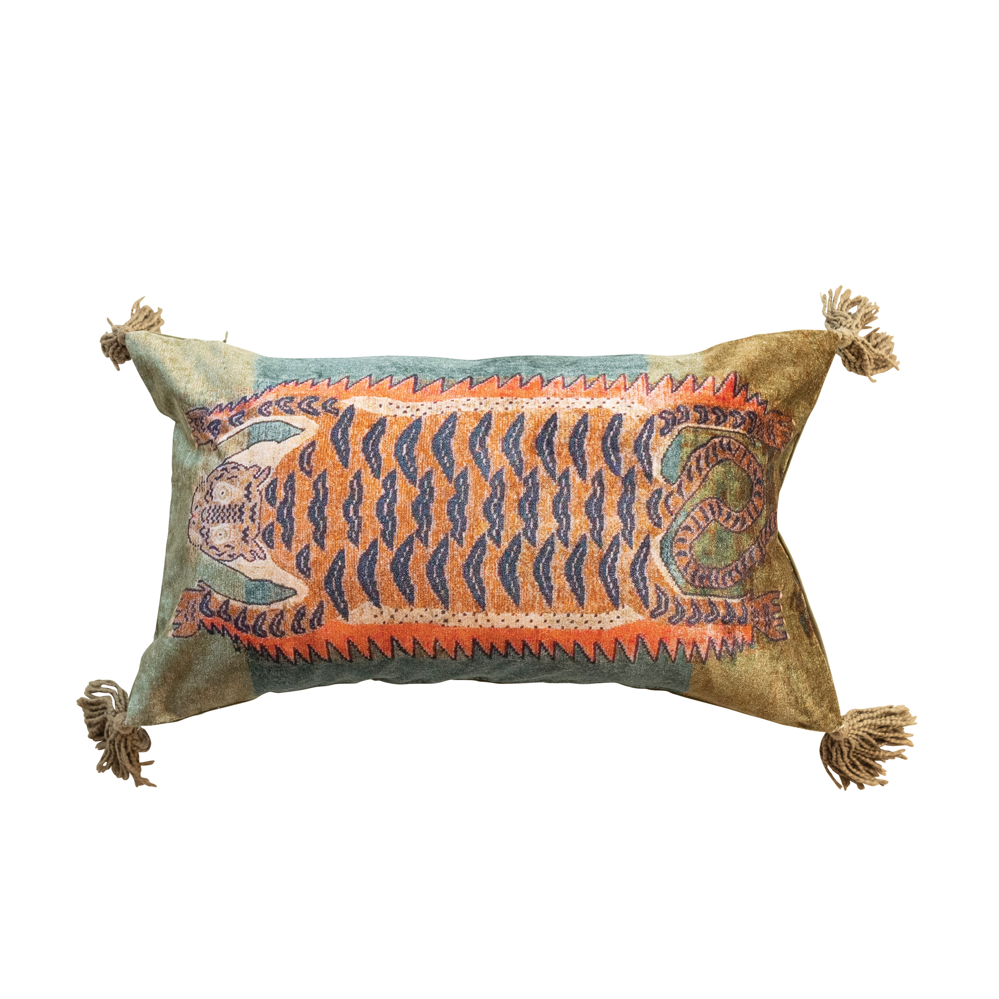 Cotton Velvet Tiger Lumbar Pillow with Tassels, Multicolor - Image 0