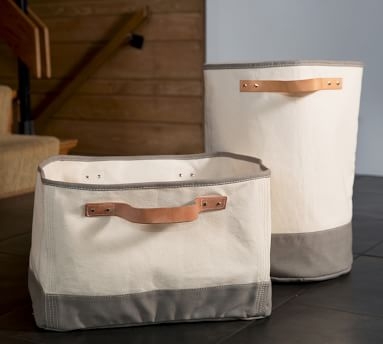 Laundry Hamper Storage Basket W/ Leather Handles, Canvas Gray - Image 1