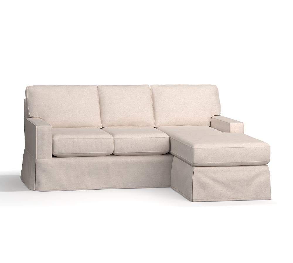 Buchanan Square Arm Slipcovered Sofa with Reversible Chaise Sectional, Polyester Wrapped Cushions, Performance Brushed Basketweave Chambray - Image 0