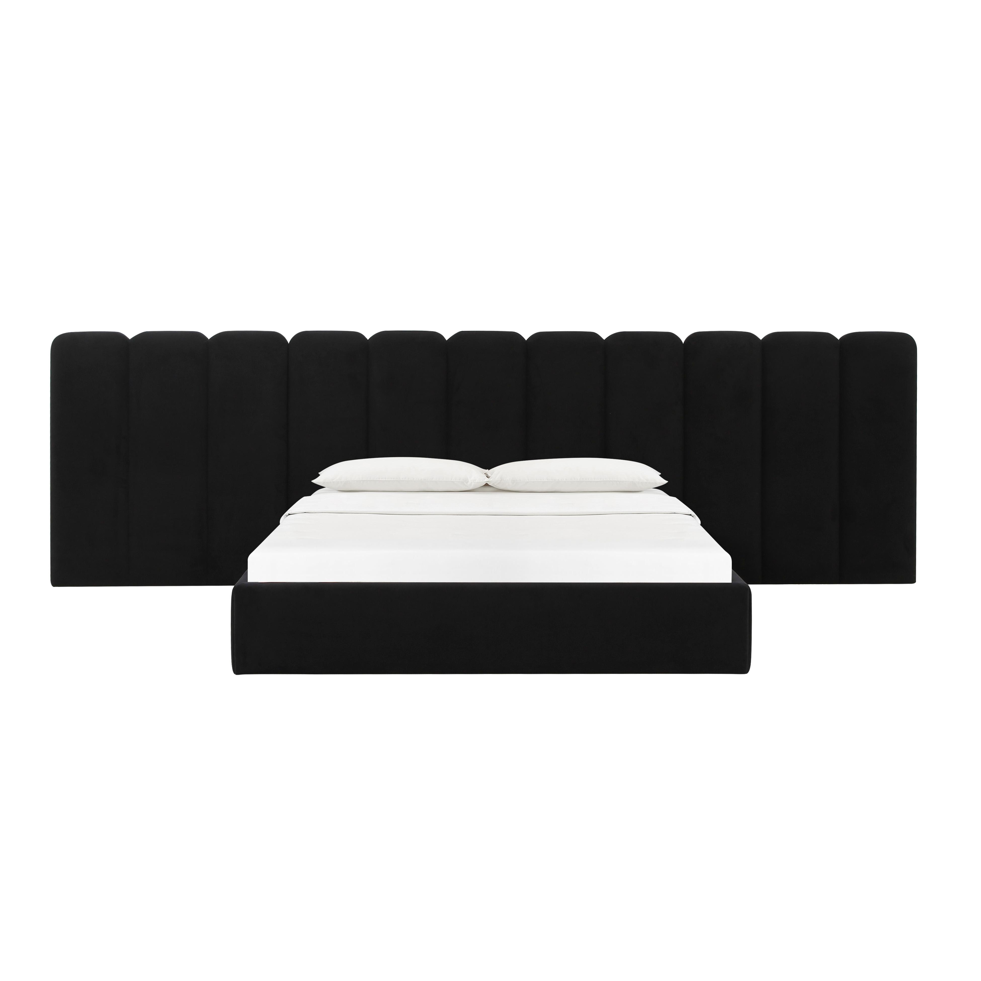 Palani Black Velvet Queen Bed with Wings - Image 1