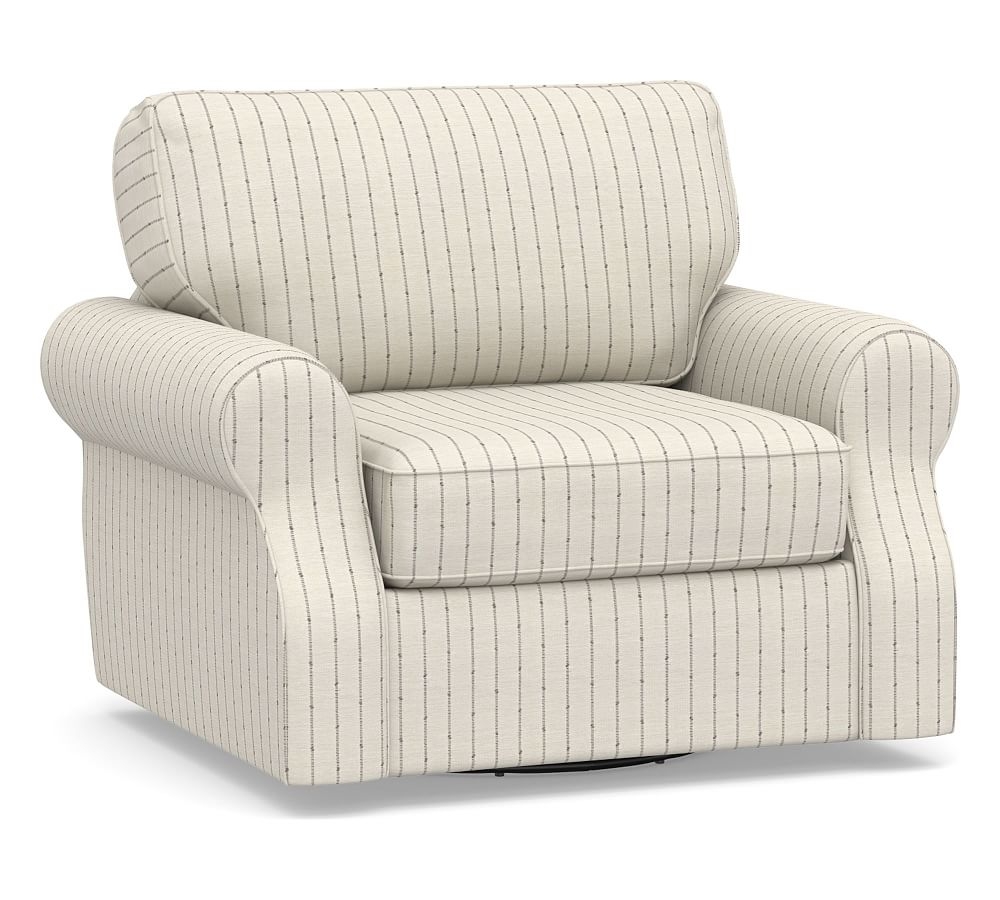 SoMa Fremont Roll Arm Upholstered Swivel Armchair, Polyester Wrapped Cushions, Slubby Pinstripe Oatmeal - Image 0