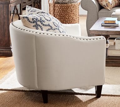 Harlow Upholstered Armchair with Polished Nickel Nailheads, Polyester Wrapped Cushions, Performance Heathered Basketweave Platinum - Image 3