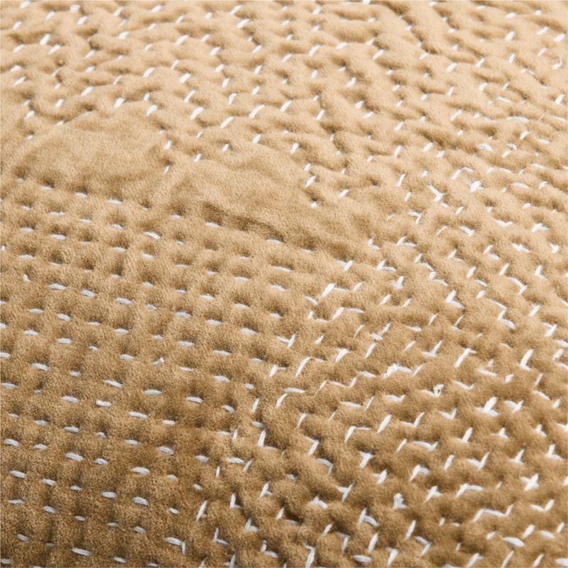 Sashiko Organic Cotton Velvet 22x15 Camel Tan Throw Pillow with Down-Alternative Insert - Image 5