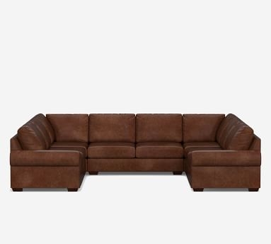 Big Sur Roll Arm Leather U-Sofa Sectional, Down Blend Wrapped Cushions, Legacy Dark Caramel - Image 1
