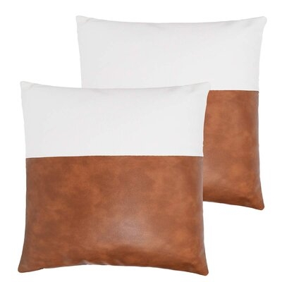 2-Pack Faux Leather Accent Throw Pillow Cover , Modern Country Farmhouse Style Pillowcase For Bedroom Living Room Sofa Brown Pillows. - Image 0