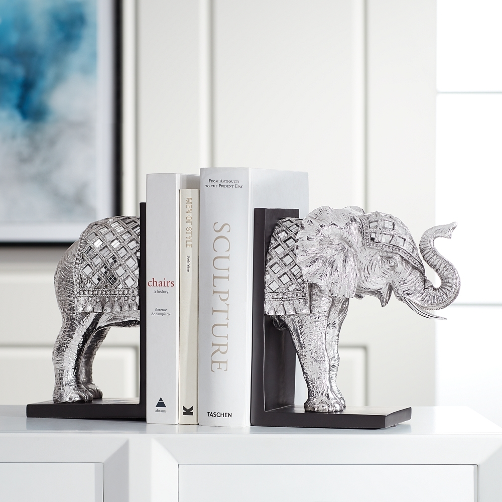Elephant 9 1/4" High Silver Book Ends - Image 0