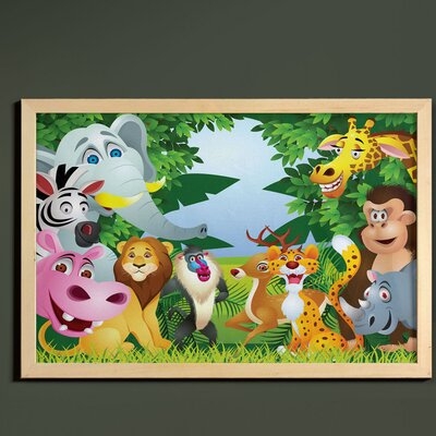 Ambesonne Cartoon Wall Art With Frame, Group Of Safari Jungle Animals With Funny Expressions Savannah Mascots, Printed Fabric Poster For Bathroom Living Room Dorms, 35" X 23", Multicolor - Image 0