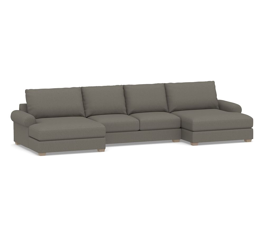 Canyon Roll Arm Upholstered U-Double Chaise Loveseat Sectional, Down Blend Wrapped Cushions, Chunky Basketweave Metal - Image 0