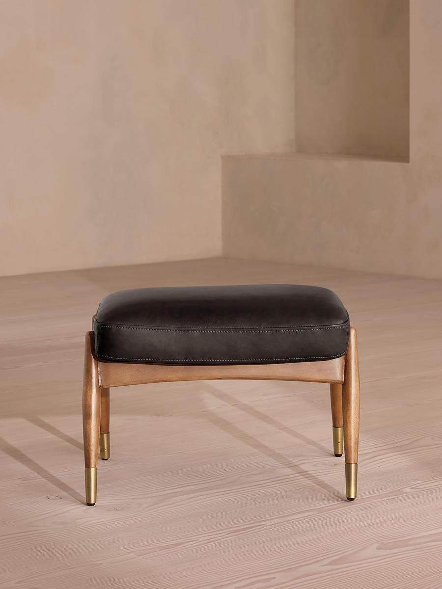 Theodore Oak Footstool Leather Virtue Black, US - Image 0