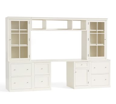 Logan Desk with Glass Hutch, 3-Drawer File Cabinet Base &amp; Bridge, Antique White, 110" Wide - Image 2