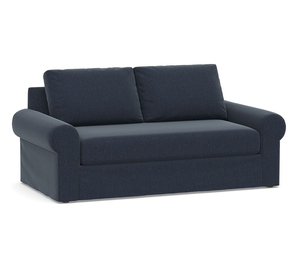 Big Sur Roll Arm Slipcovered Loveseat 77" with Bench Cushion, Down Blend Wrapped Cushions, Sunbrella(R) Performance Chenille Indigo - Image 0