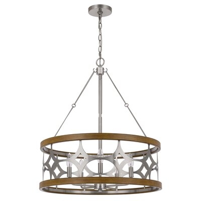 Chandelier With Metal Drum Shade And Geometric Cut Out Pattern, Silver - Image 0