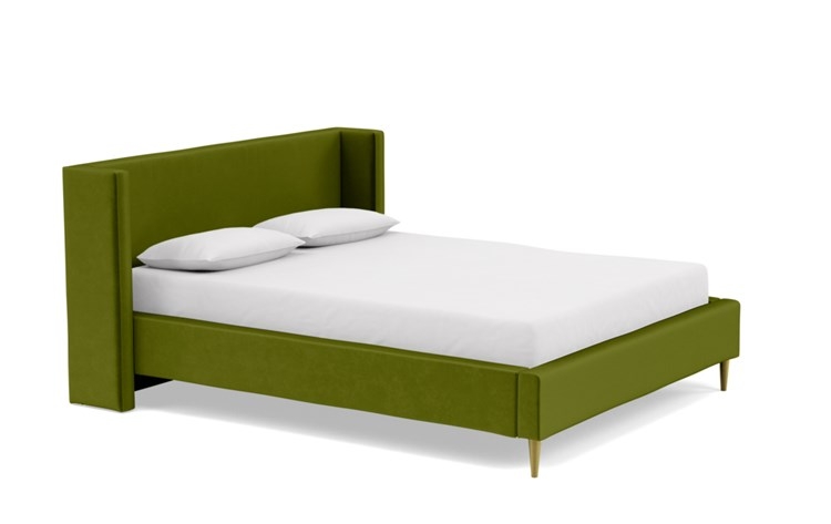 Oliver Queen Bed with Green Moss Fabric, low headboard, and Natural Oak with Antique Cap legs - Image 1