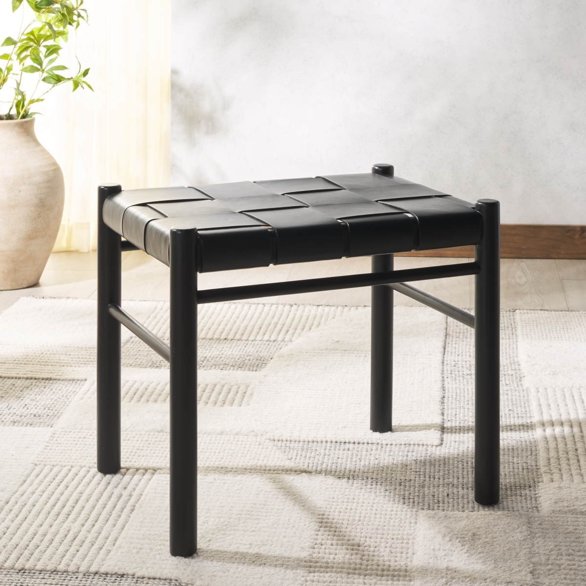 Devnie Woven Leather Ottoman - Black - Image 1