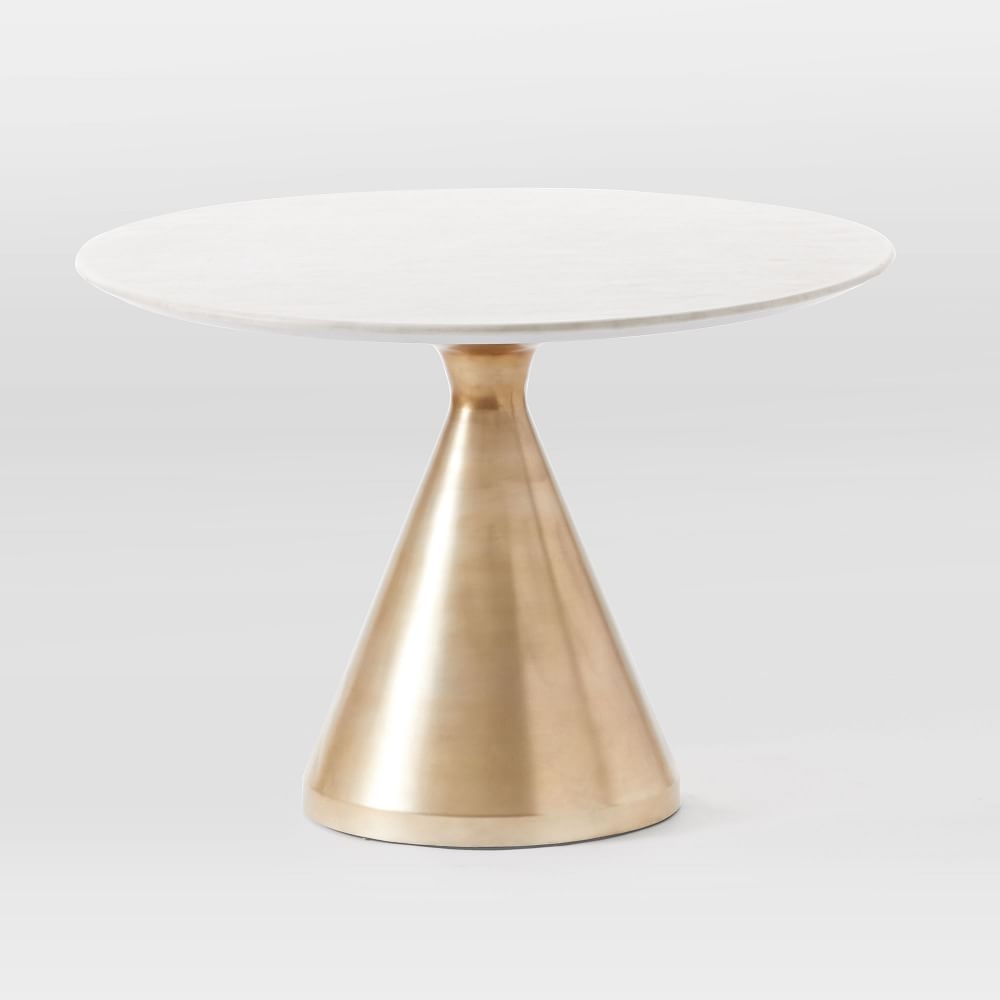 Silhouette 44" Round Pedestal Dining Table, White Marble, Antique Brass - Image 0