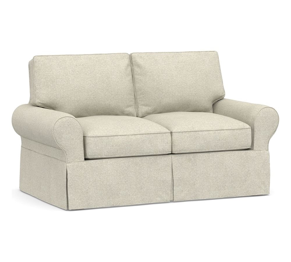 PB Basic Slipcovered Loveseat 60", DB CSH, Performance Heathered Basketweave Alabaster White - Image 0