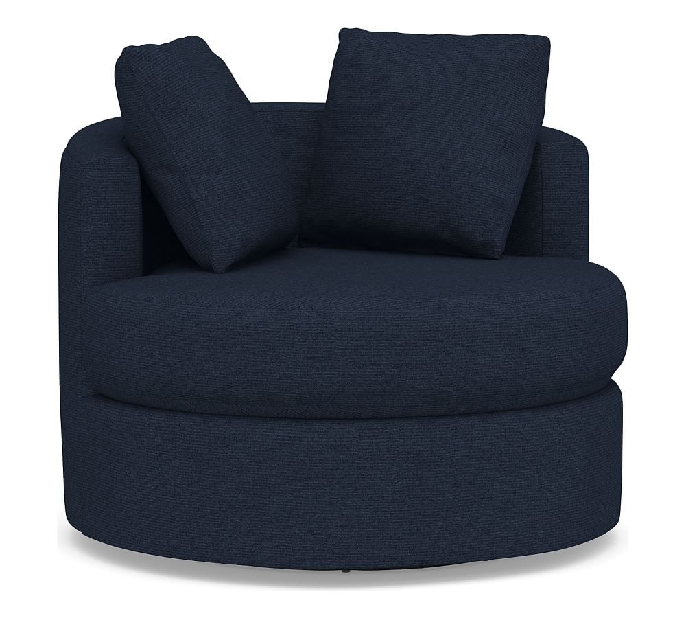 Balboa Upholstered Swivel Armchair, Standard Cushions, Performance Heathered Basketweave Navy - Image 0