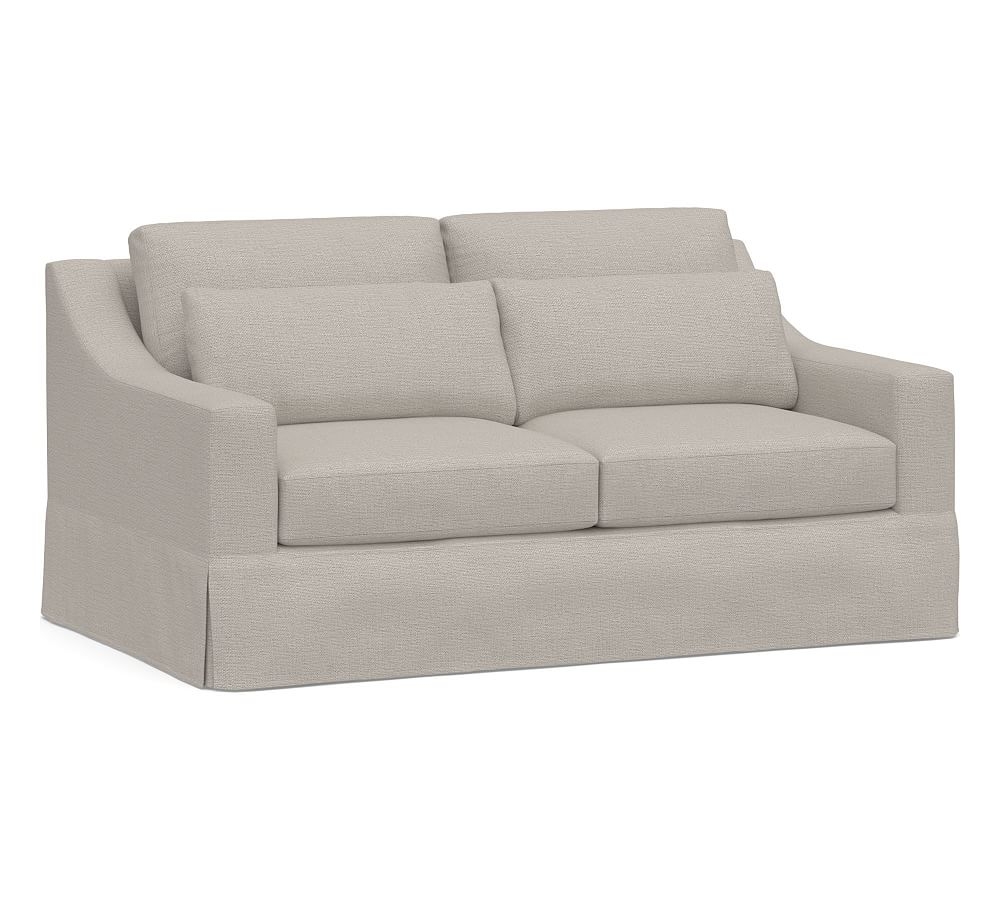 York Slope Arm Slipcovered Deep Seat Loveseat 72", Down Blend Wrapped Cushions, Chunky Basketweave Stone - Image 0