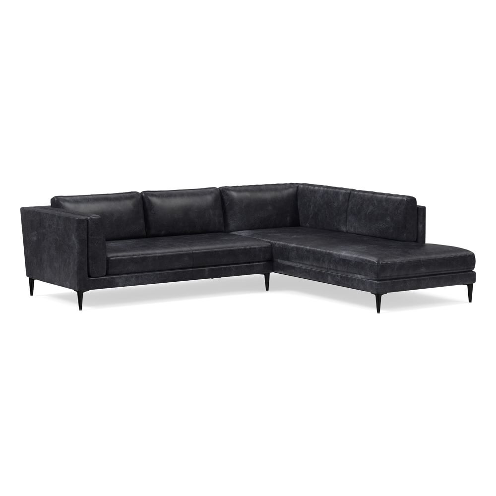 Anton 104" Right 2-Piece Bumper Chaise Sectional, Sierra Leather, Licorice, Polished Dark Pewter - Image 0