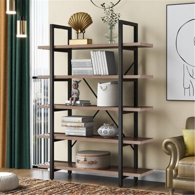 5-Tier Industrial Bookcase With Rustic Wood And Metal Frame, Large Open Bookshelf For Living Room （Brown） - Image 0