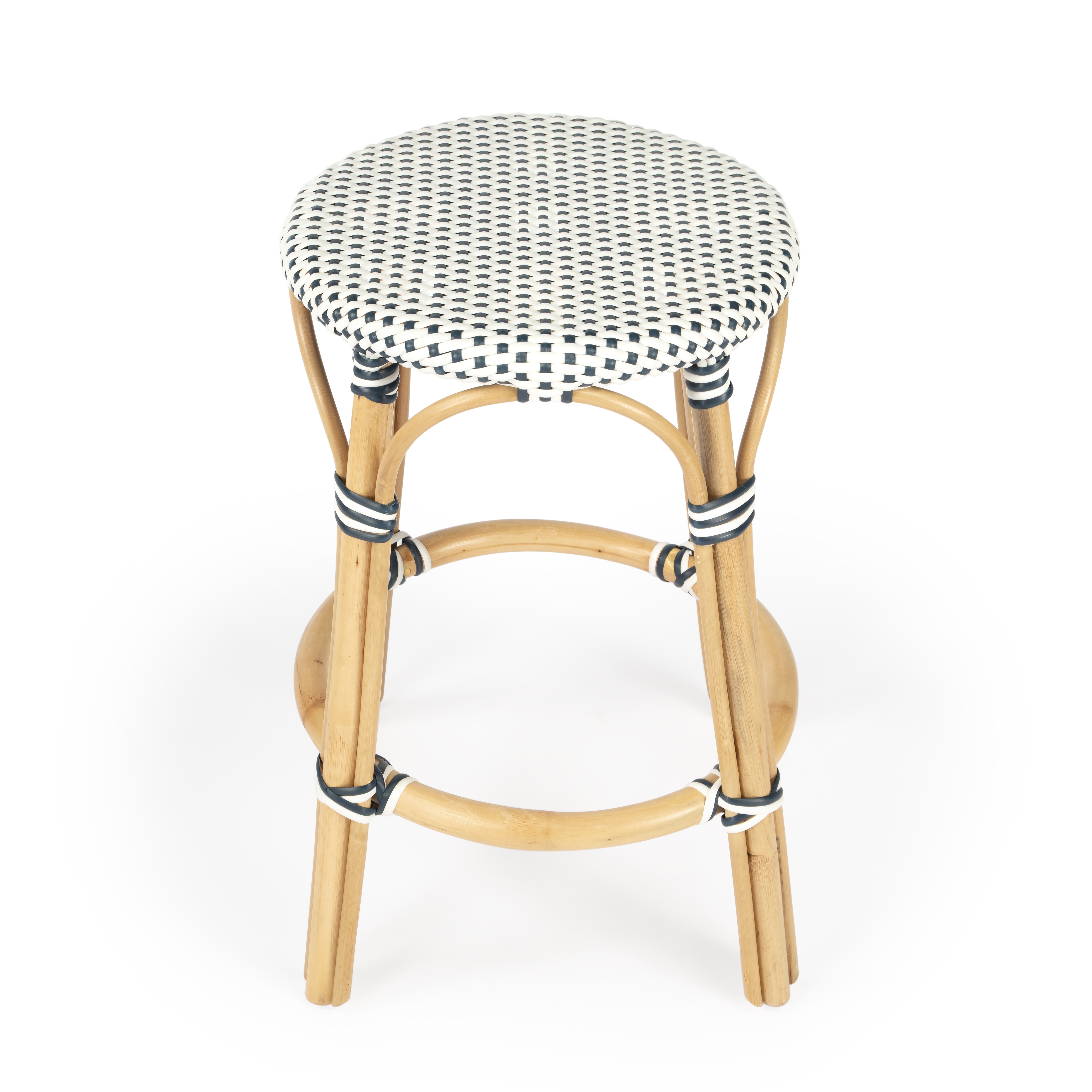Tobias White/Navy Dot / Natural Rattan Frame Counter Stool - Image 1