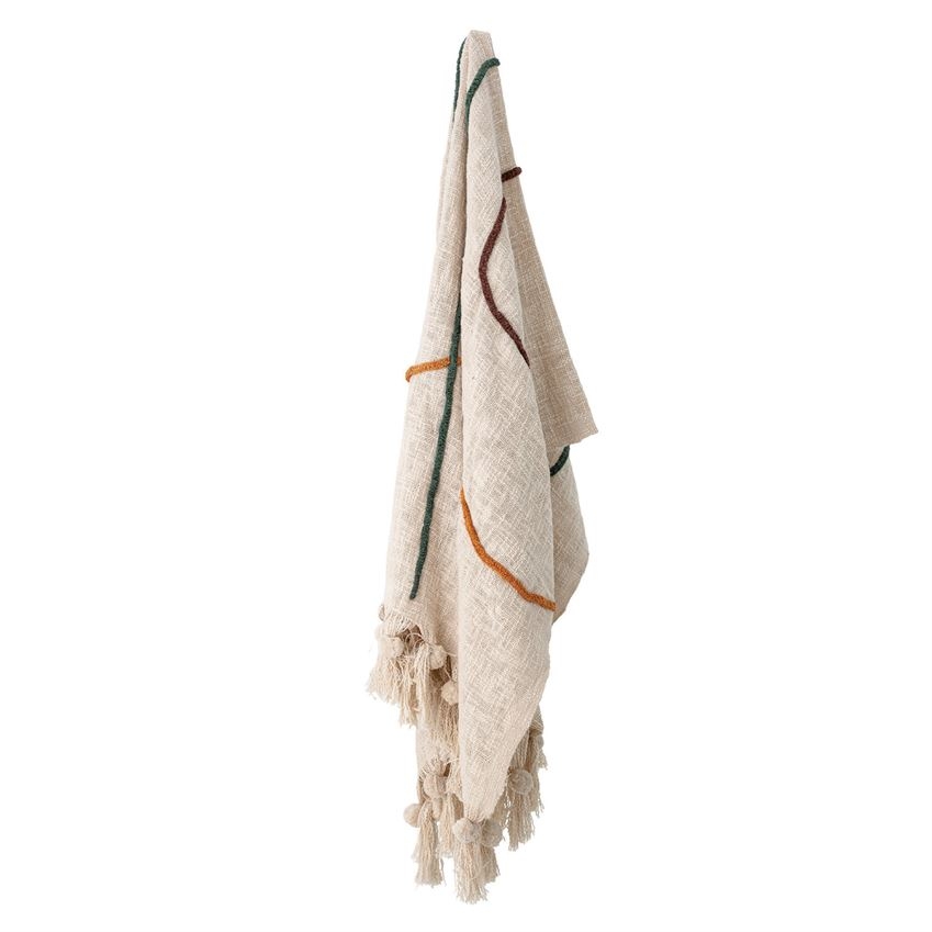 Cotton Embroidered Throw Blanket with Tassels, Cream - Image 2