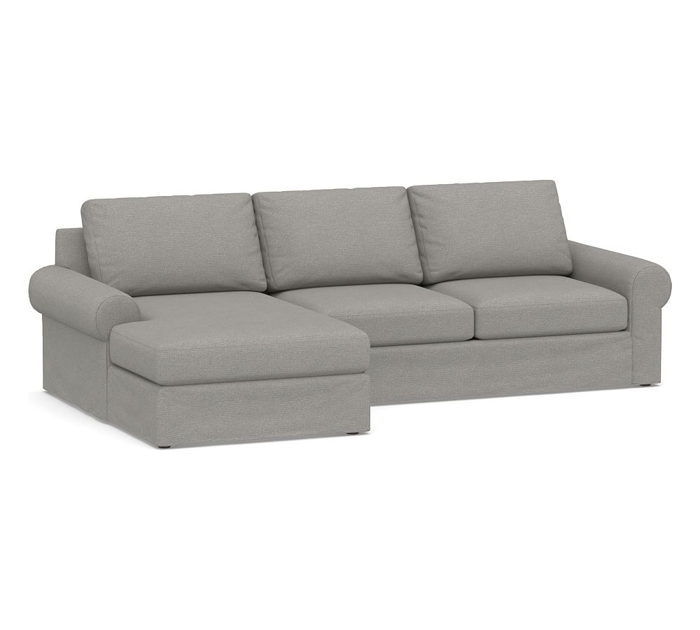 Big Sur Roll Arm Slipcovered Right Arm Loveseat with Chaise Sectional, Down Blend Wrapped Cushions, Performance Heathered Basketweave Platinum - Image 0