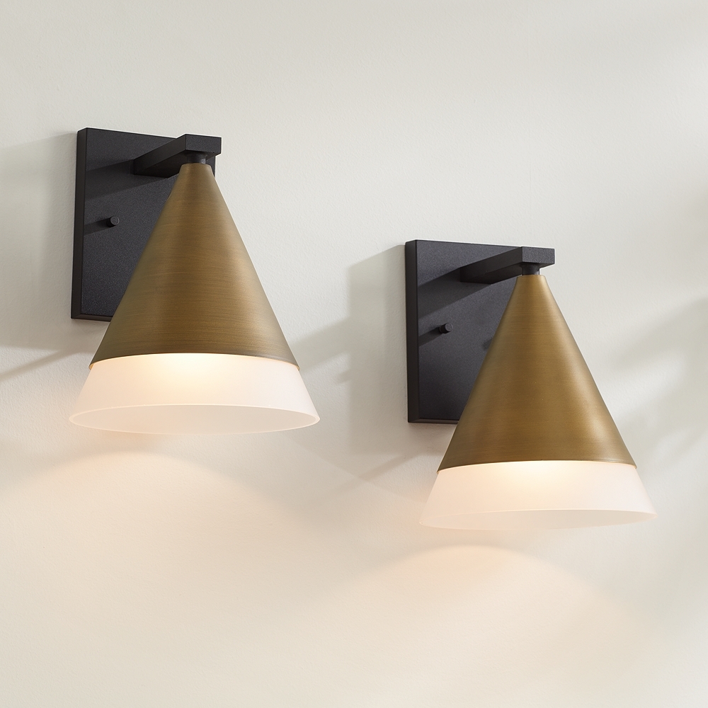 Possini Euro Leo 10"H Sand Black and Brass Outdoor Wall Light Set of 2 - Image 0