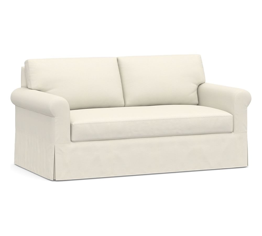York Roll Arm Slipcovered 72.5" Loveseat with Bench Cushion, Down Blend Wrapped Cushions, Textured Twill Ivory - Image 0
