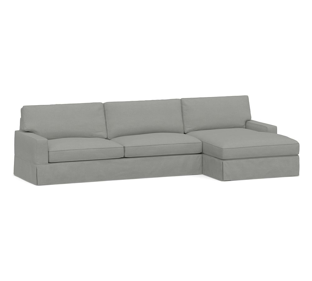 PB Comfort Square Arm Slipcovered Left Arm Sofa with Wide Chaise Sectional, Box Edge, Down Blend Wrapped Cushions, Sunbrella(R) Performance Slub Tweed Ash - Image 0