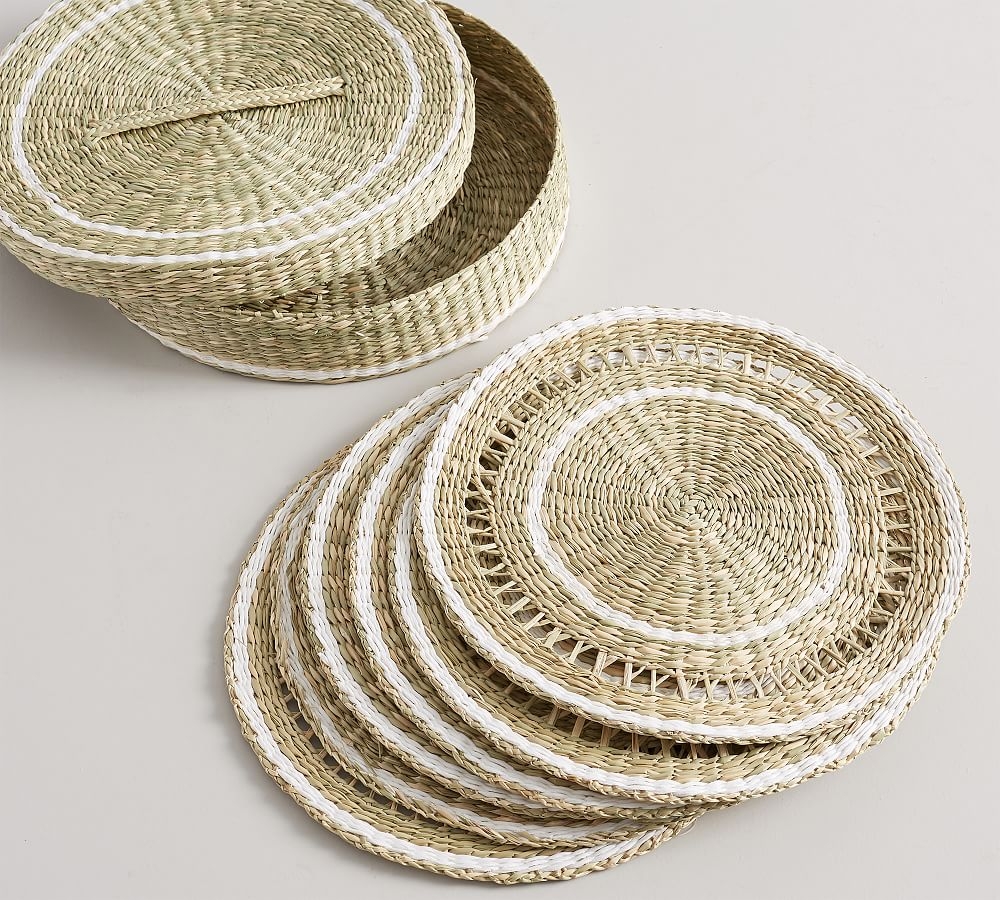 White Rim Woven Seagrass Placemats with Holder, Set of 6 - Image 0