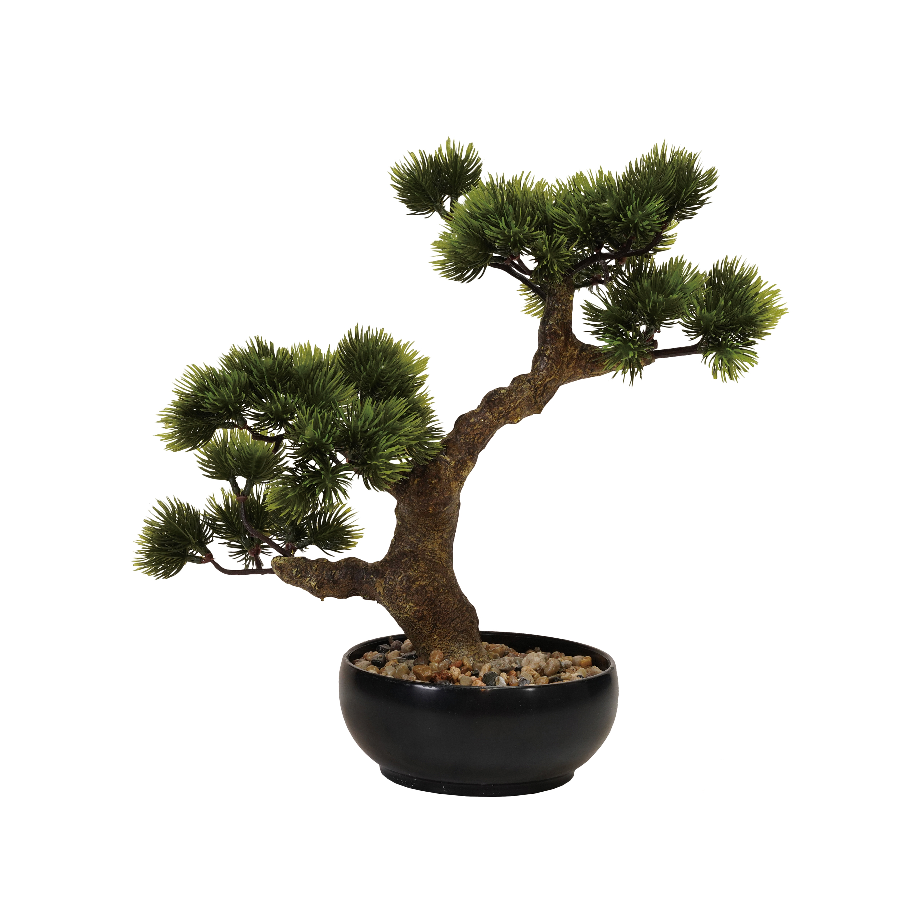 Faux Bonsai Tree in Plastic Pot with Pebbles, Green - Image 0
