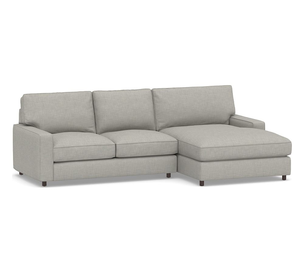 PB Comfort Square Arm Upholstered Left Arm Loveseat with Wide Chaise Sectional, Box Edge, Down Blend Wrapped Cushions, Premium Performance Basketweave Light Gray - Image 0