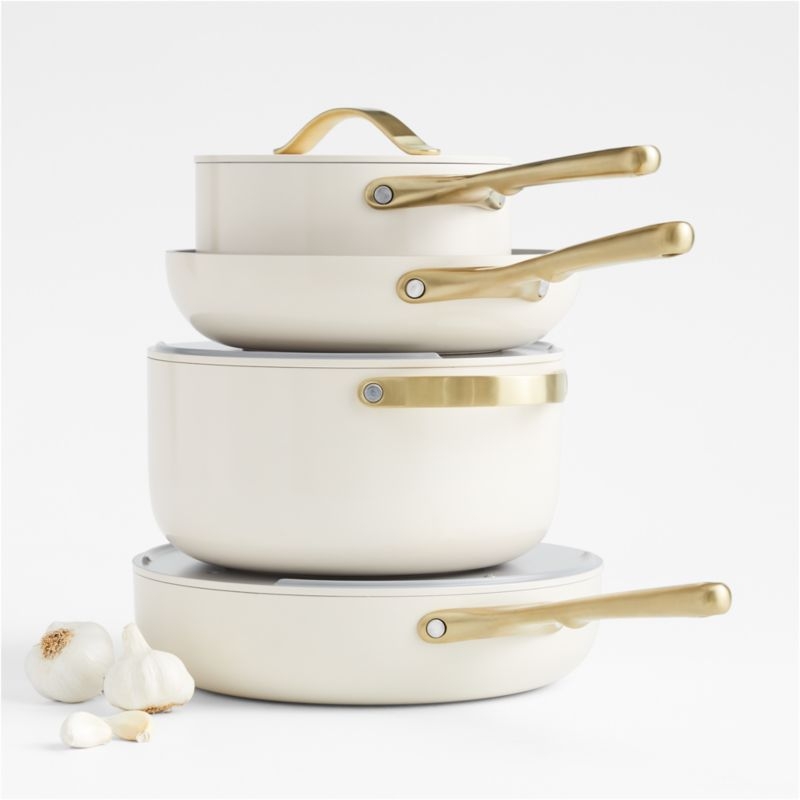 Caraway Home 7-Piece Cream Ceramic Non-Stick Cookware Set with Gold Hardware - Image 3