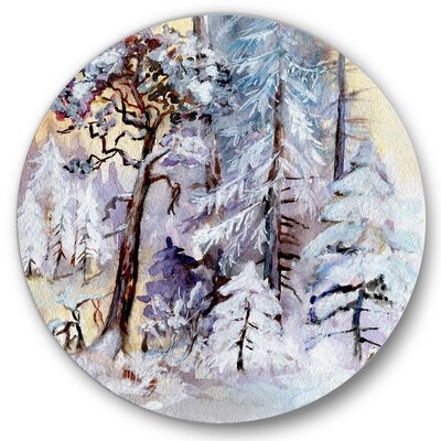 Winter Snowy Forest By The Lake - Lake House Metal Circle Wall Art - Image 0