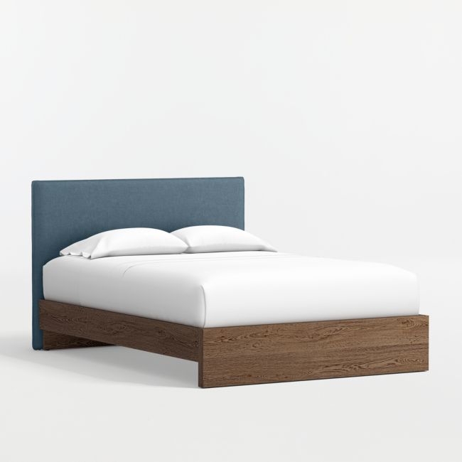 Noa Denim Blue Upholstered Flange Kids Full Headboard with Deep Brown Wood Base - Image 0