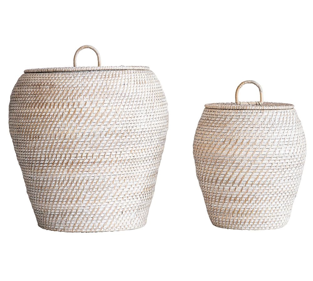 Bruno White Rattan Baskets With Lids, Set of 2 - Image 0