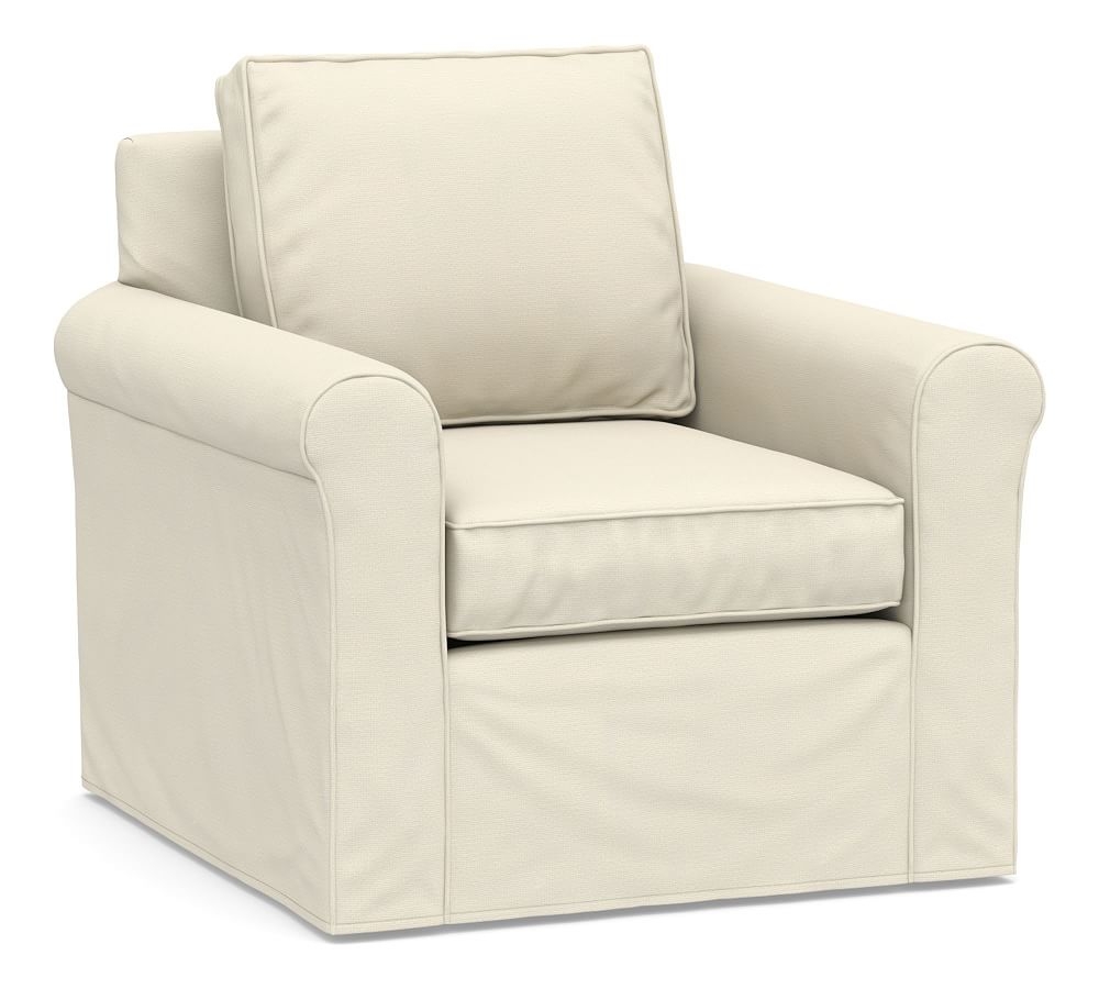 Cameron Roll Arm Slipcovered Deep Seat Swivel Armchair, Polyester Wrapped Cushions, Park Weave Ivory - Image 0