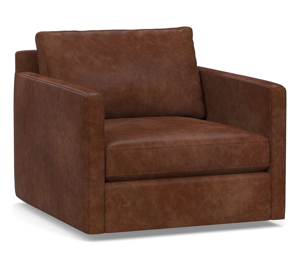 Pacifica Square Arm Leather Swivel Armchair, Polyester Wrapped Cushions, Statesville Molasses - Image 0