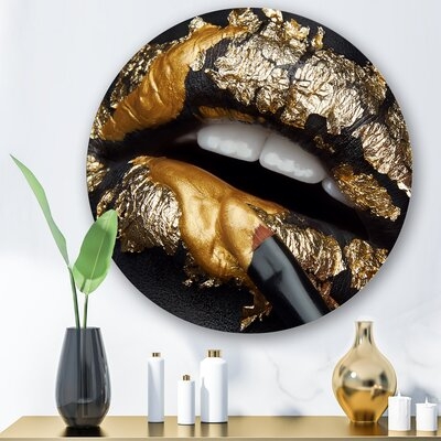 Woman Lips With Black Leather And Gold Foil - Modern Metal Circle Wall Art - Image 0