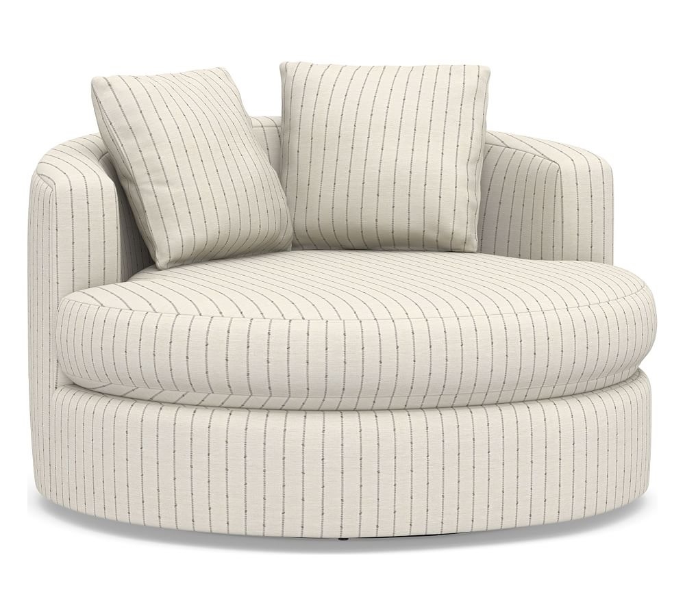 Balboa Upholstered Grand Swivel Armchair, Standard Cushions, Slubby Pinstripe Oatmeal - Image 0