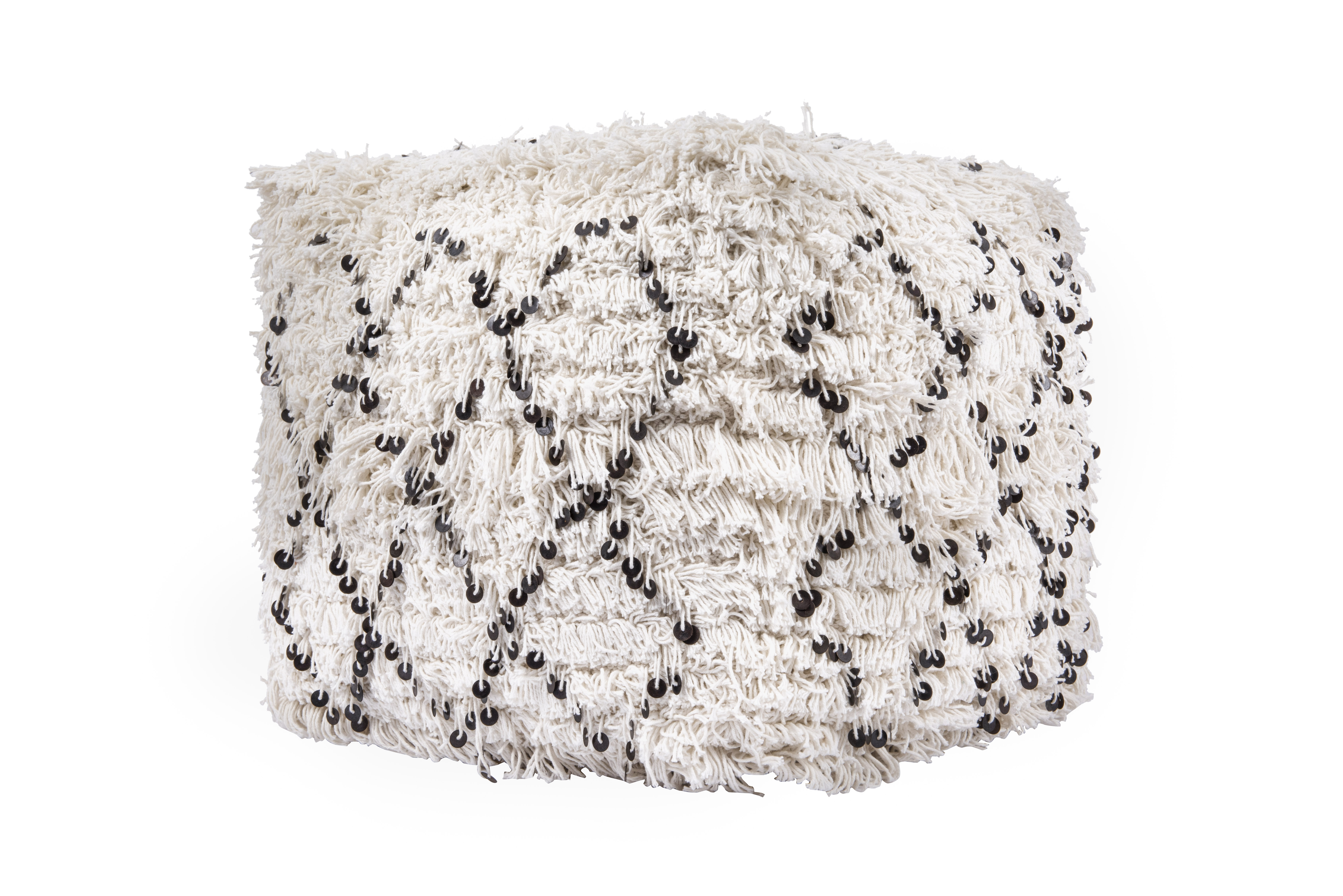 White Moroccan Wedding Quilt Pouf with Fringe & Sequins - Image 0