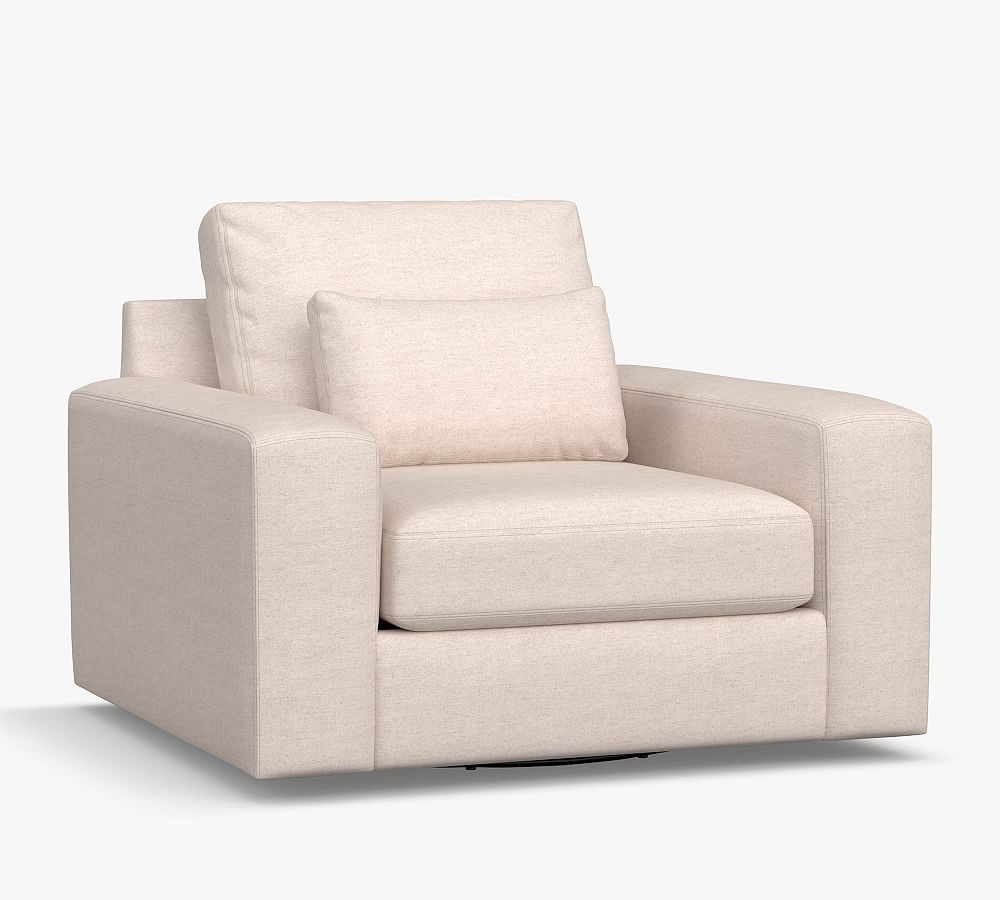 Big Sur Square Arm Upholstered Deep Seat Swivel Armchair, Down Blend Wrapped Cushions, Chenille Basketweave Pebble - Image 0