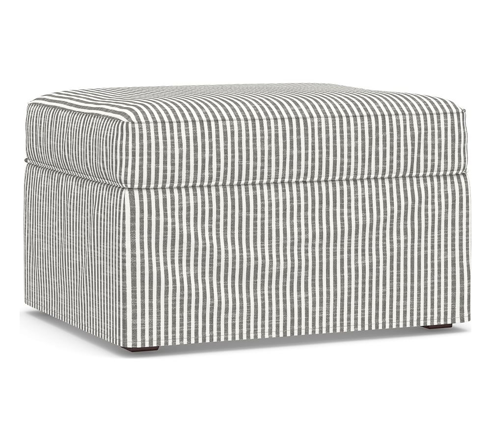 Cameron Slipcovered Ottoman, Polyester Wrapped Cushions, Classic Stripe Charcoal - Image 0