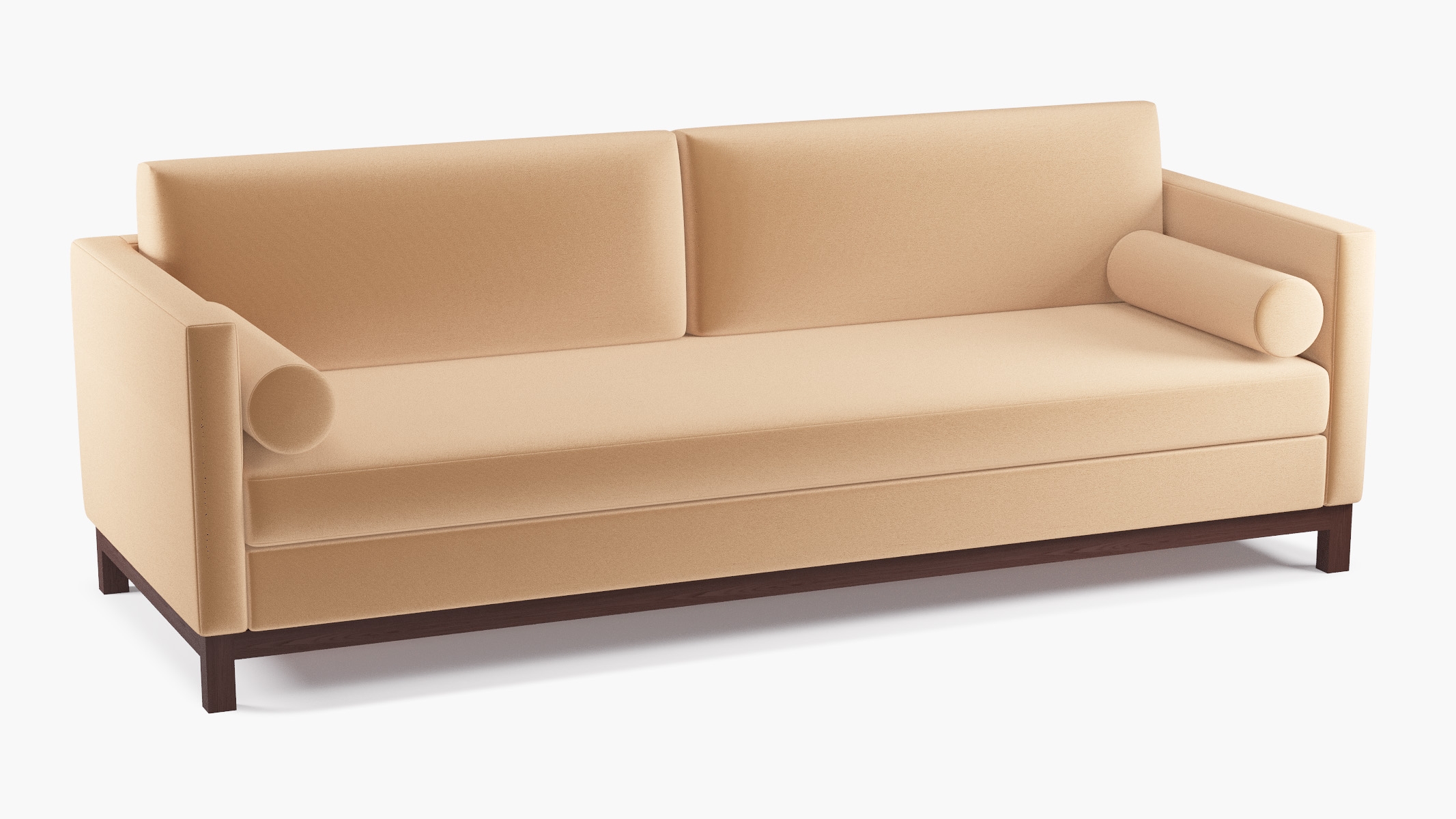 Tailored Tuxedo Sofa, Camel Performance Plush Velvet, Espresso Wood Rail - Image 1